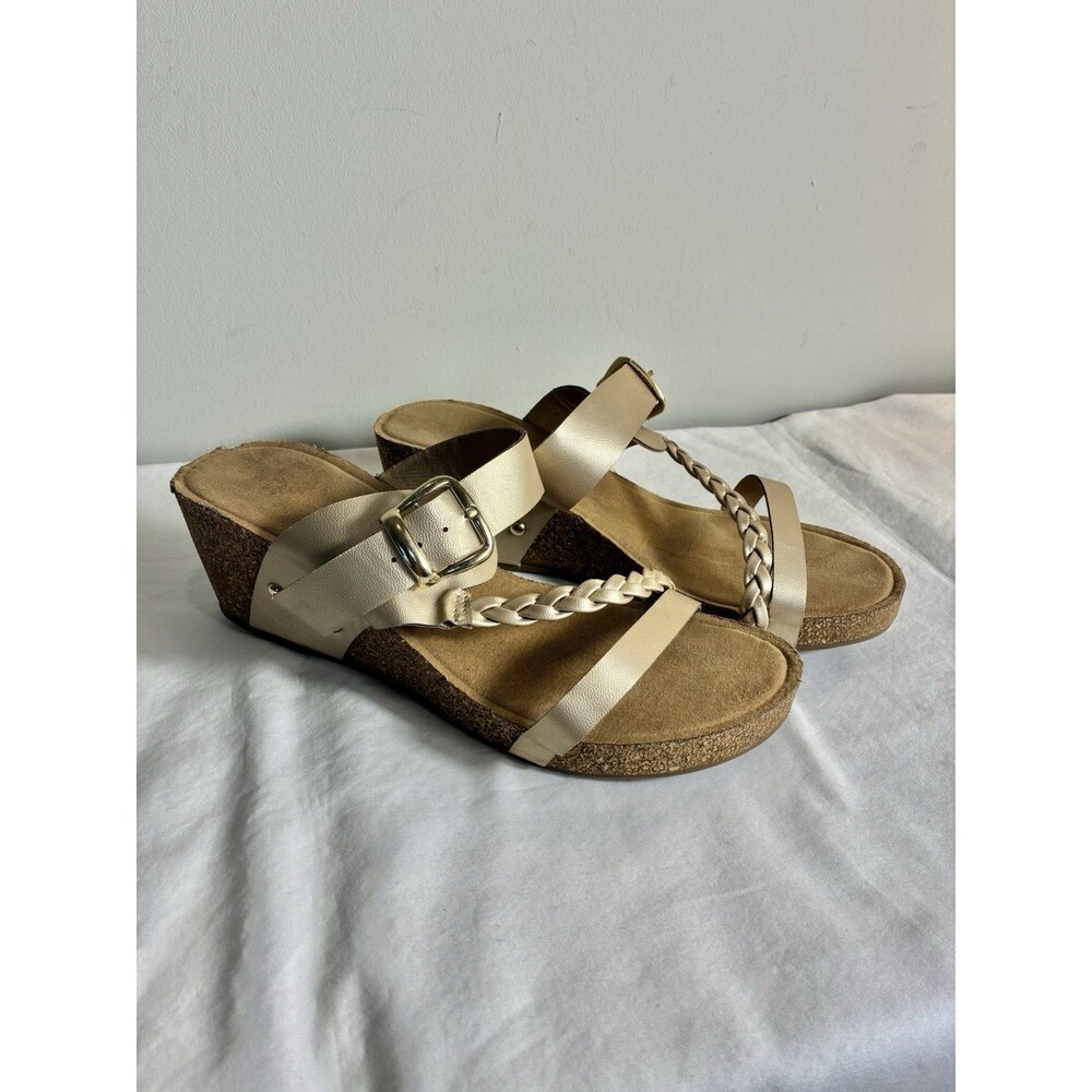 Annie Comfort Womens Sandals Sz 9.5W Gold Wedge Cork Braid Buckle